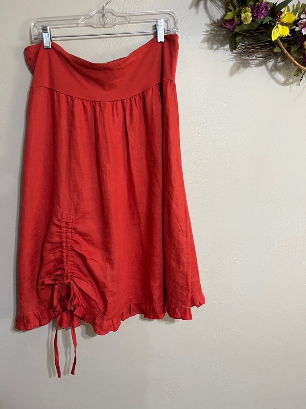 Just Jill 100% Linen Red Drawstring Ruffle Hem Skirt